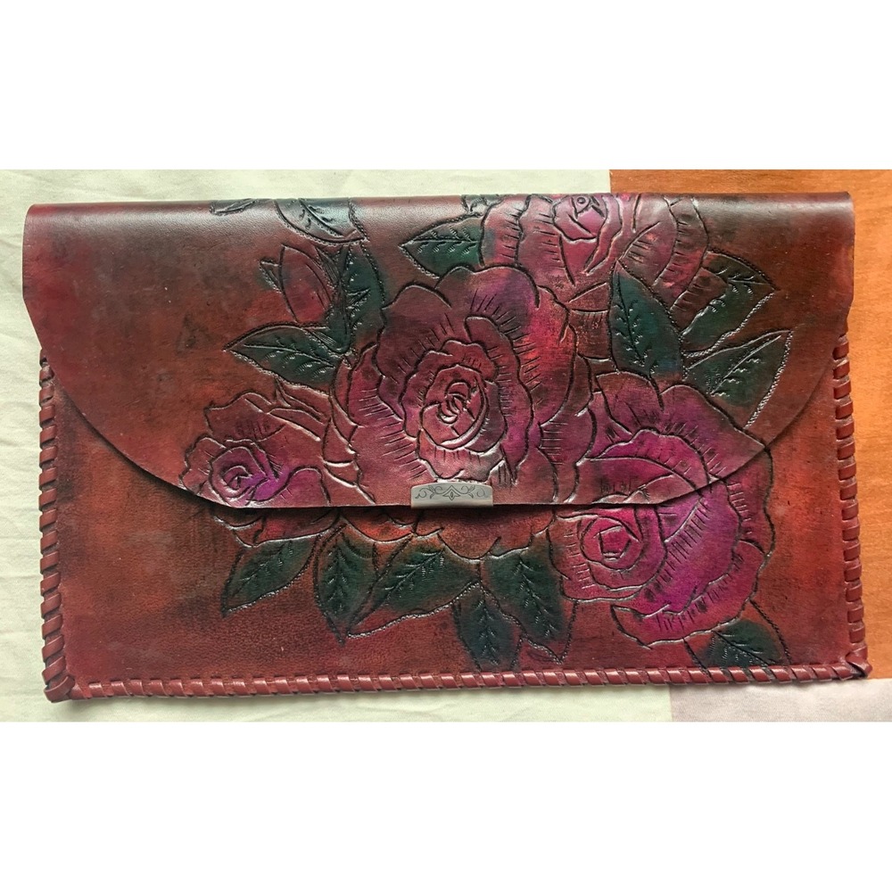 Handmade Rose Imprinted Leather Clutch Painted Finish Leather Sewn Edges